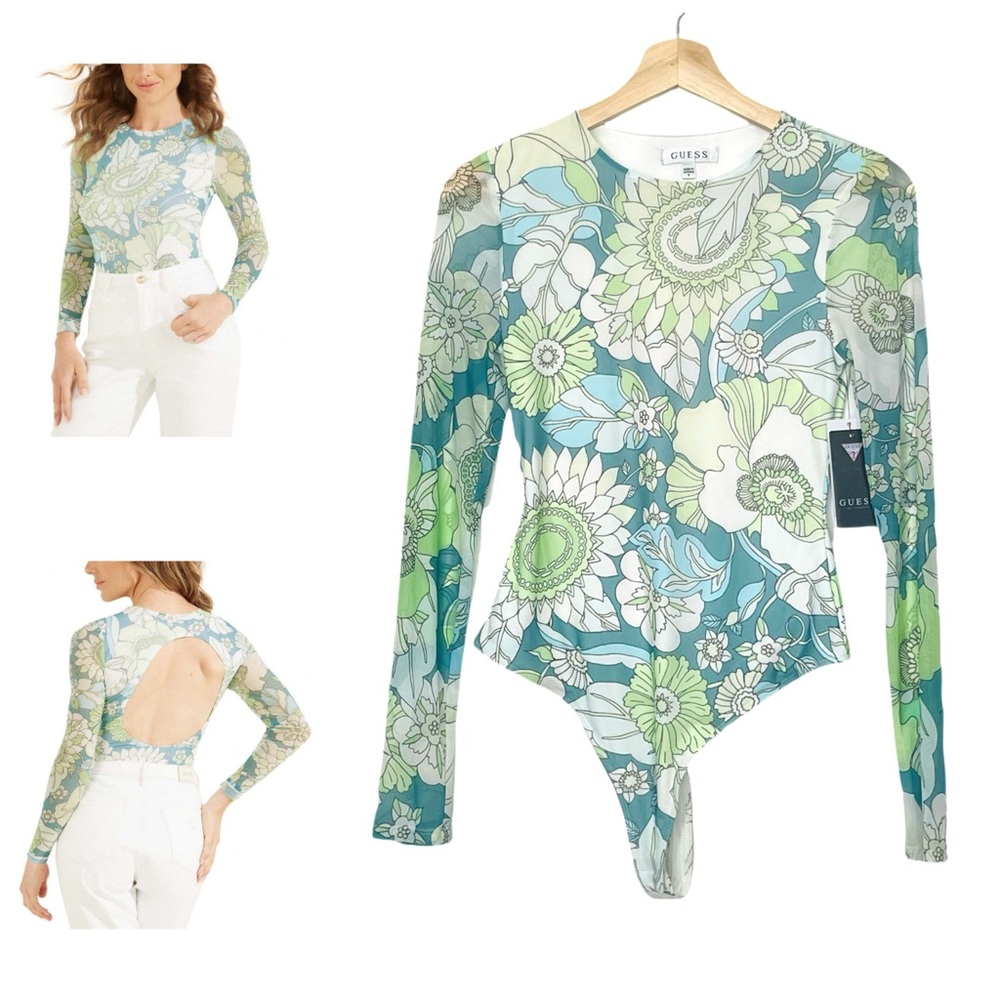 Guess Merielle Printed Thong Bodysuit in Blue Insta Flora Print Size Small NWT